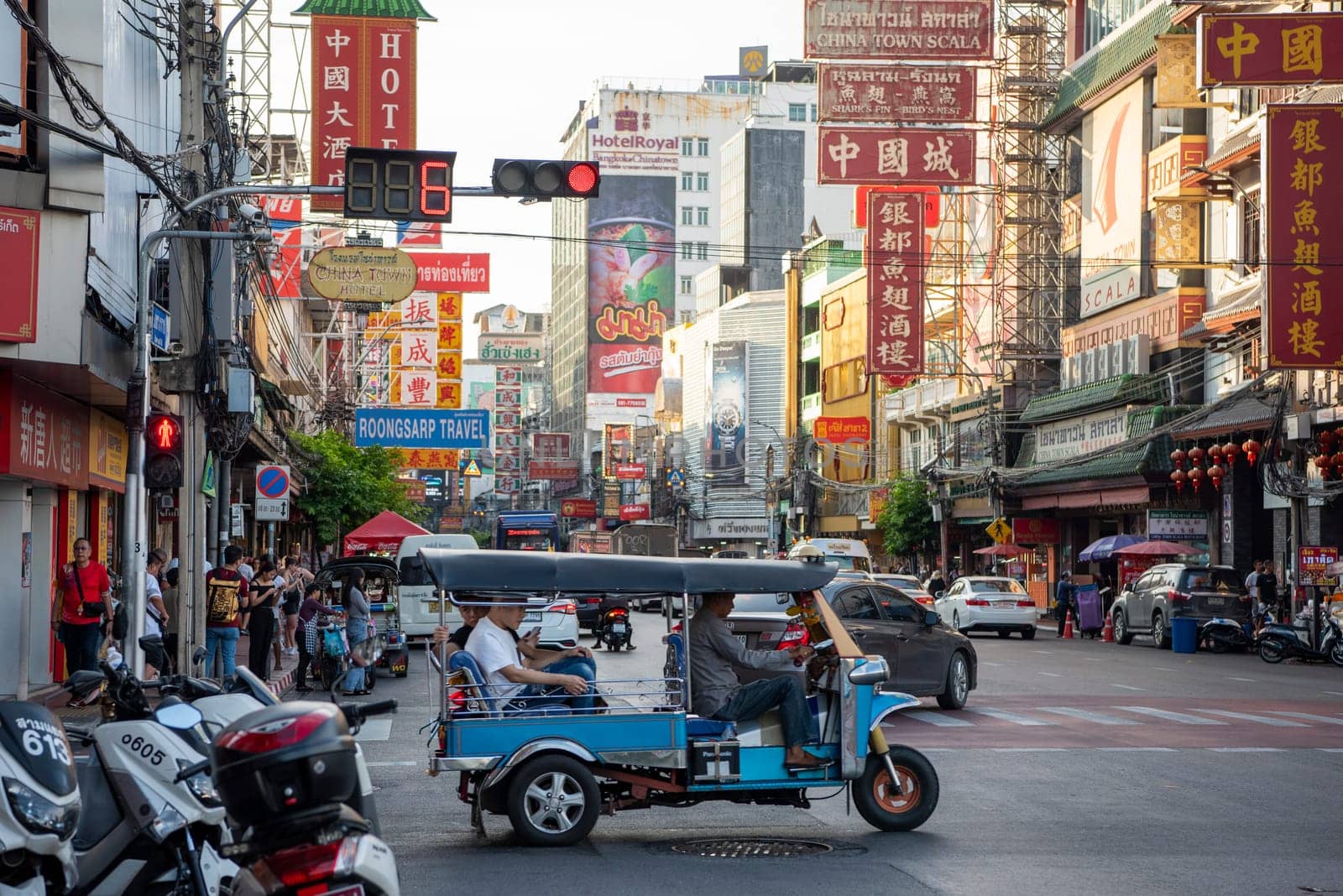 Traffic on the Yaowarat Road in Chinatown in City of Bangkok in Thailand.  Thailand, Bangkok, November, 6, 2024.