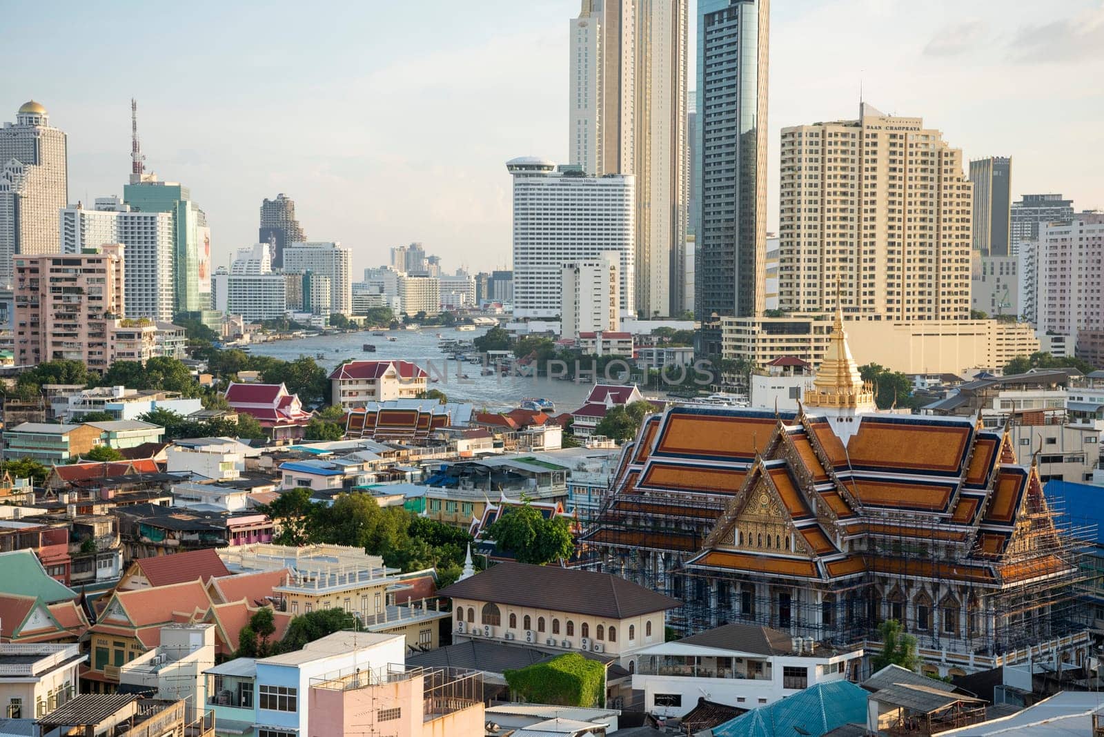 Wat Ko in the China Town with skyline in the City of Bangkok in Thailand.  Thailand, Bangkok, November, 6, 2024.