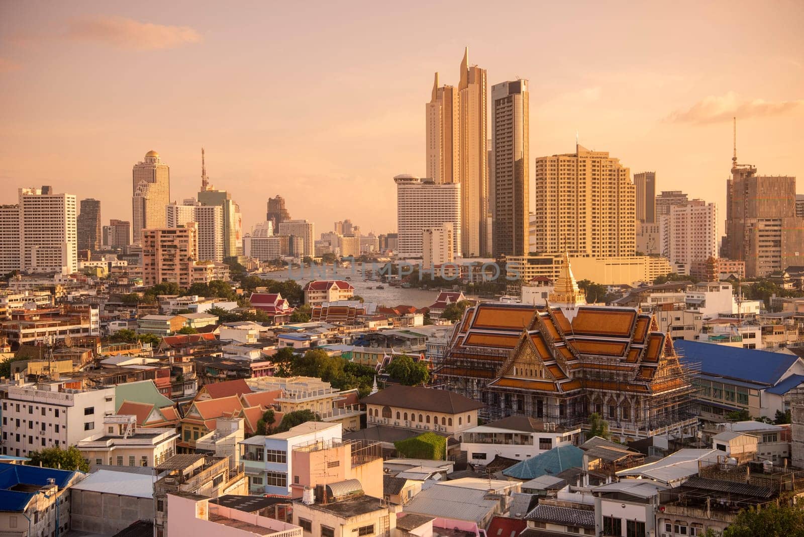 Wat Ko in the China Town with skyline in the City of Bangkok in Thailand.  Thailand, Bangkok, November, 6, 2024.