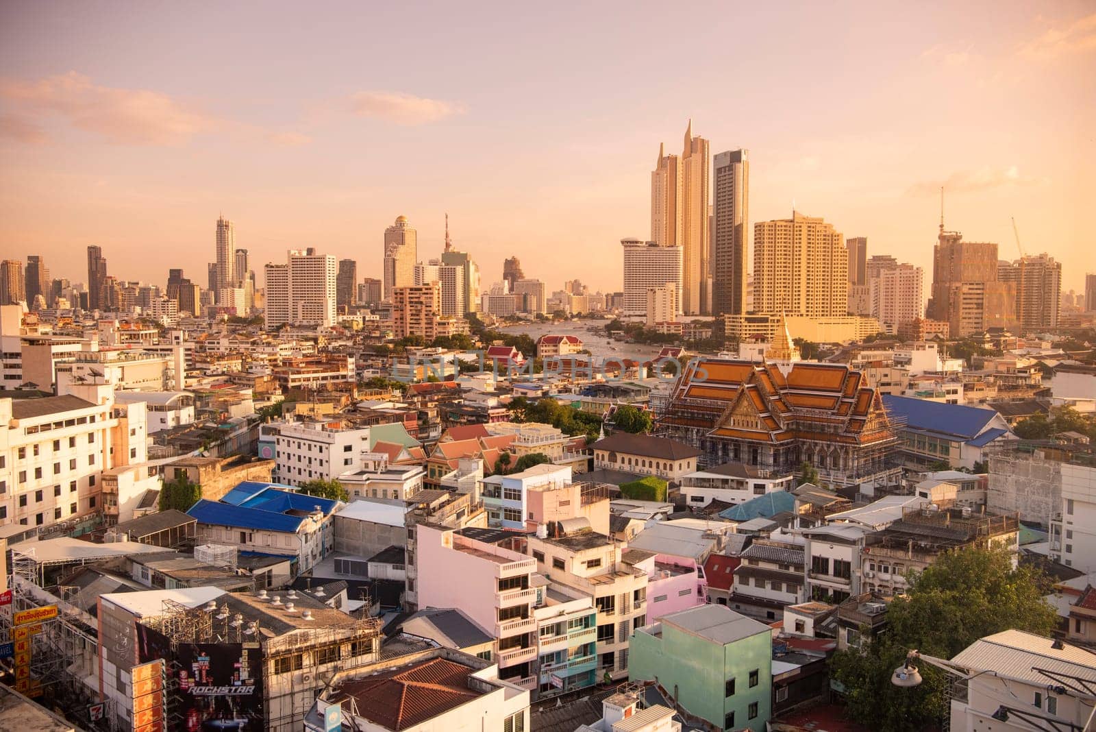 Wat Ko in the China Town with skyline in the City of Bangkok in Thailand.  Thailand, Bangkok, November, 6, 2024.
