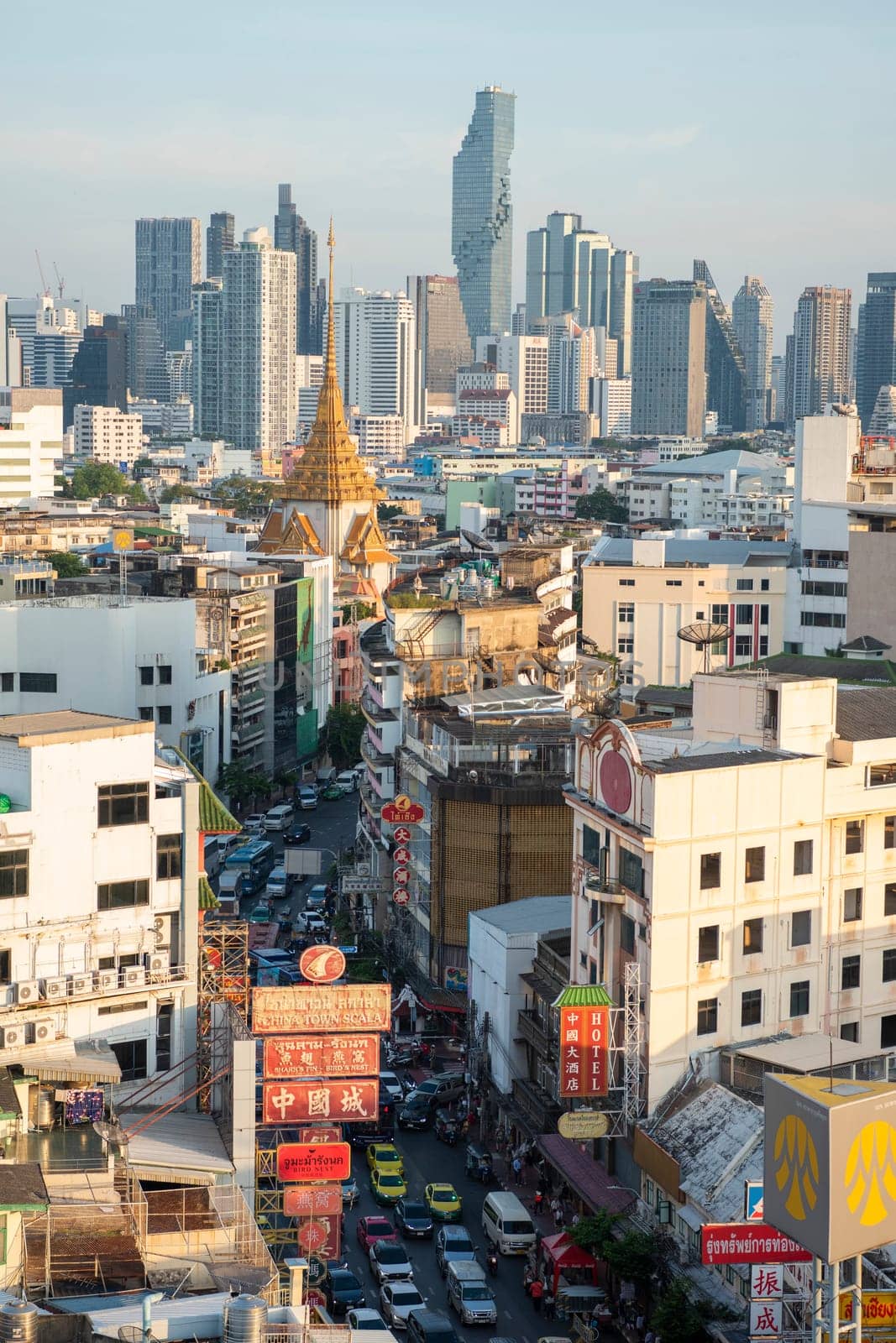 a view on Yaowarat Road in China Town with skyline in City of Bangkok in Thailand.  Thailand, Bangkok, November, 6, 2024.