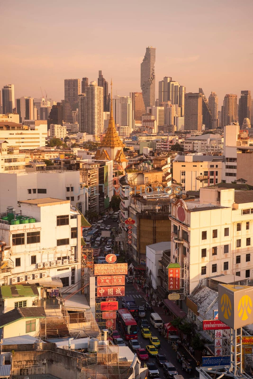 a view on Yaowarat Road in China Town with skyline in City of Bangkok in Thailand.  Thailand, Bangkok, November, 6, 2024.
