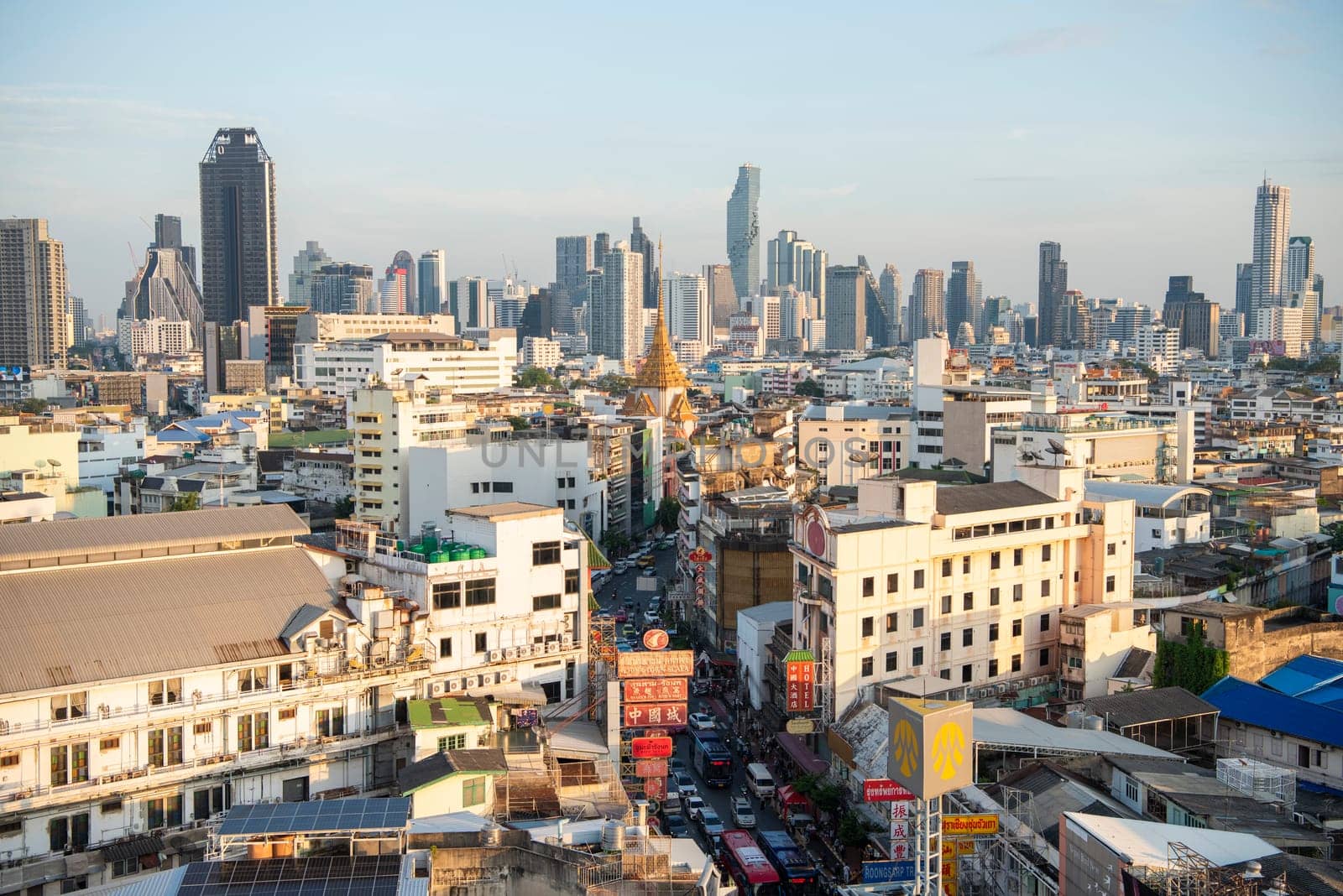 a view on Yaowarat Road in China Town with skyline in City of Bangkok in Thailand.  Thailand, Bangkok, November, 6, 2024.