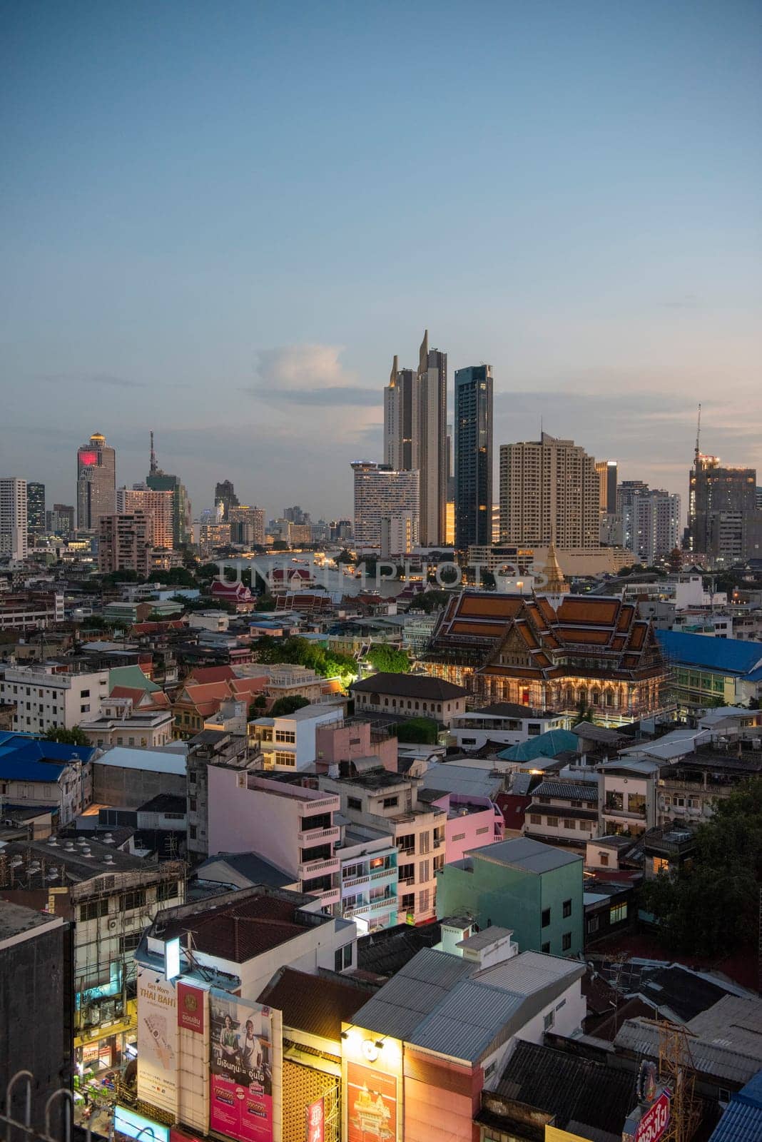 Wat Ko in the China Town with skyline in the City of Bangkok in Thailand.  Thailand, Bangkok, November, 6, 2024.