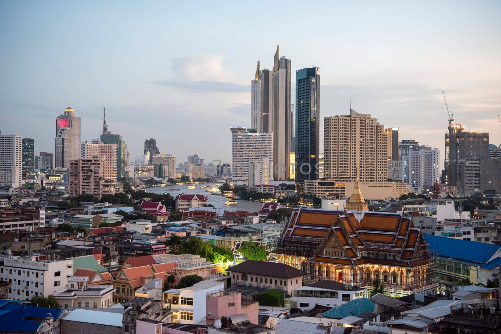 Wat Ko in the China Town with skyline in the City of Bangkok in Thailand.  Thailand, Bangkok, November, 6, 2024.