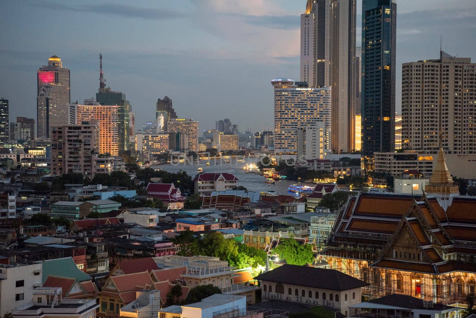 Wat Ko in the China Town with skyline in the City of Bangkok in Thailand.  Thailand, Bangkok, November, 6, 2024.