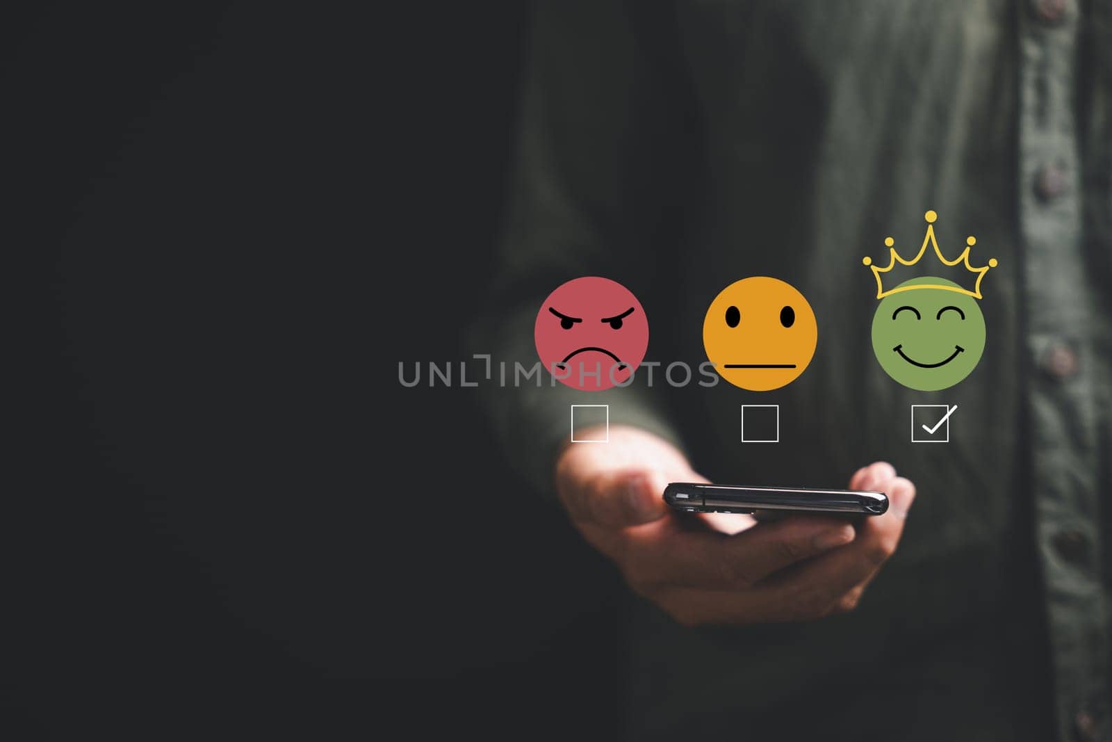 Close-up of customer hand rating service with 5 star feedback icon on smartphone on black background. Online survey, review and satisfaction concept for business success, give five stars good service