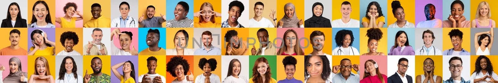 A vibrant collage features smiling individuals from various backgrounds, highlighting the beauty of diversity in expressions and lifestyles. This portrait collection celebrates diversity.