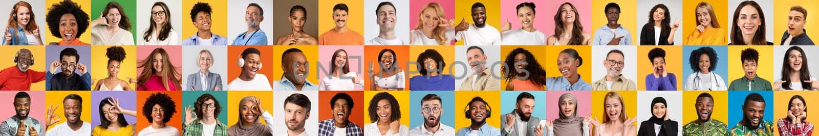 A vibrant collection features a range of faces, highlighting the beauty of diversity. Individuals from various backgrounds express joy and connection against bright, colorful backgrounds.