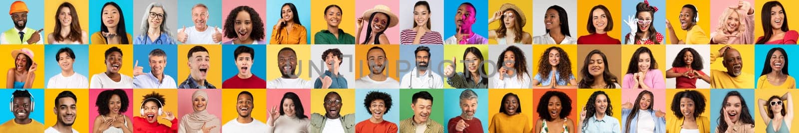 A lively collection of joyful portraits showcasing diverse individuals with bright backgrounds. Each person expresses enthusiasm, highlighting the beauty of diversity and diversity.