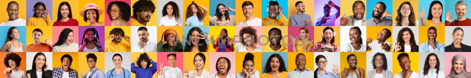 This collage features a variety of joyful people from diverse backgrounds, all showcasing their unique expressions against bright, colorful backgrounds. It highlights the beauty of diversity.
