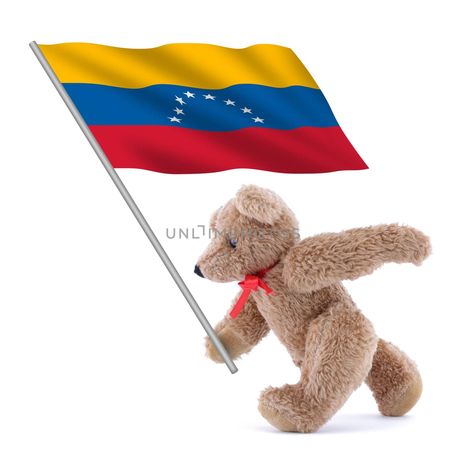 A Venezuela flag being carried by a cute teddy bear