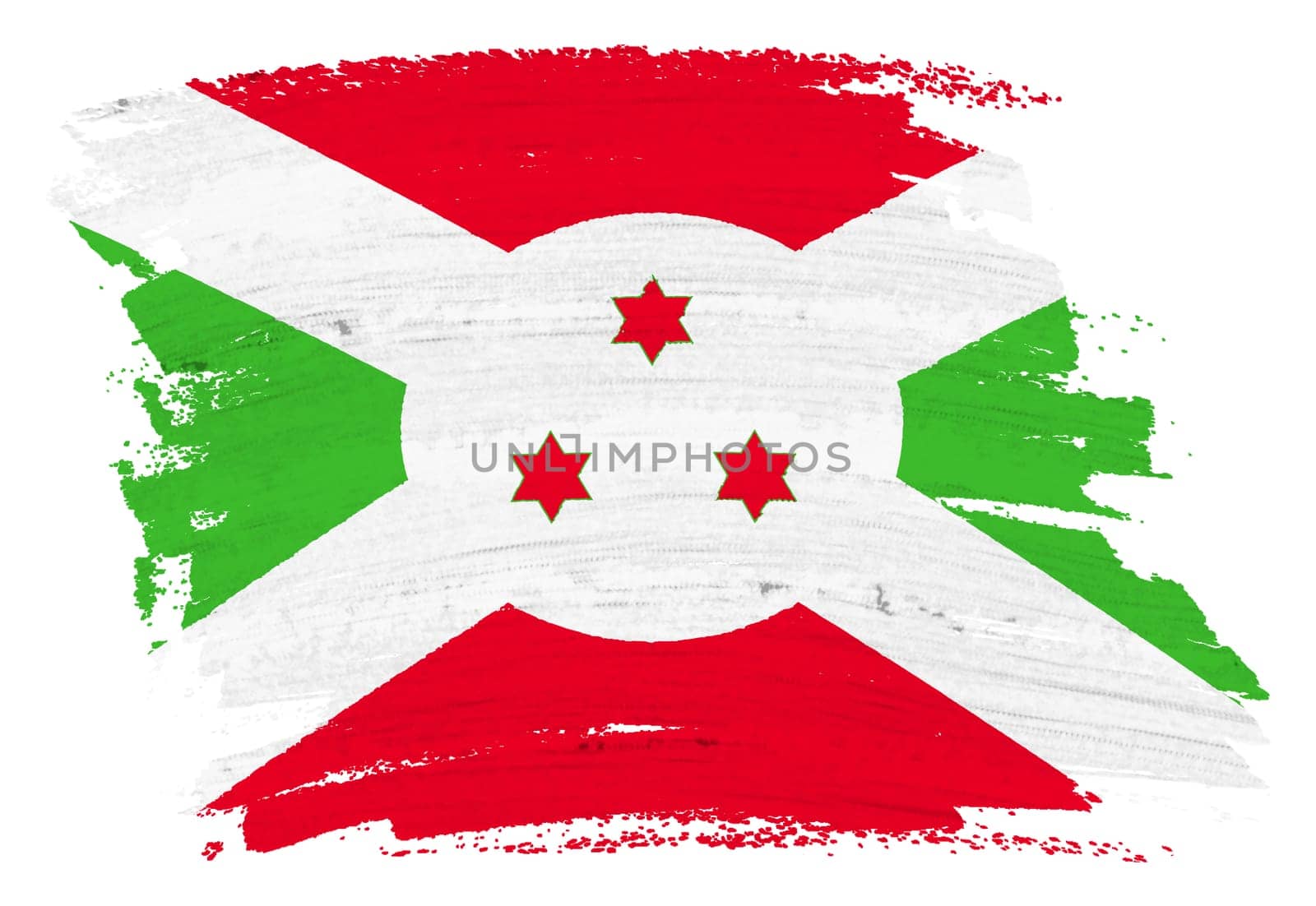 A Burundi flag background paint splash brushstroke 3d illustration with clipping path red green stars