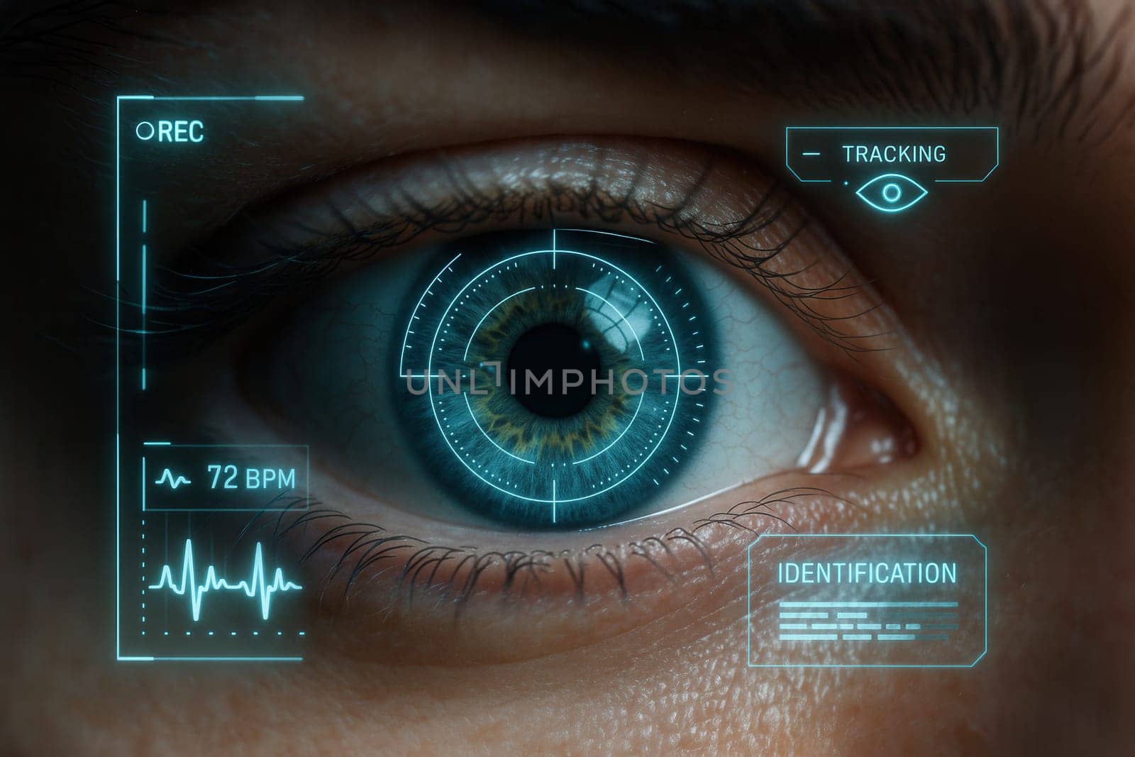 Hyper-realistic macro close-up of human eye with futuristic digital biometric overlay under cool LED lighting