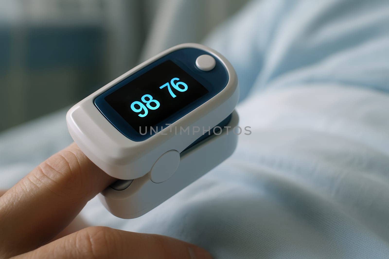 Close-up of patients finger with pulse oximeter clip measuring oxygen saturation
