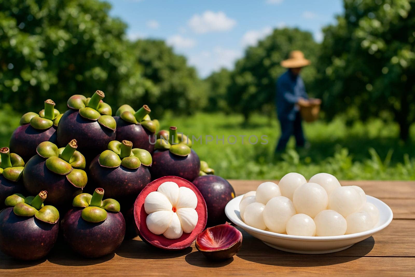 AI generated A rustic wooden table overflowing with fresh mangosteens including halved fruits and peeled white segments on a white plate shows mangosteen orchard farmers harvesting agriculture