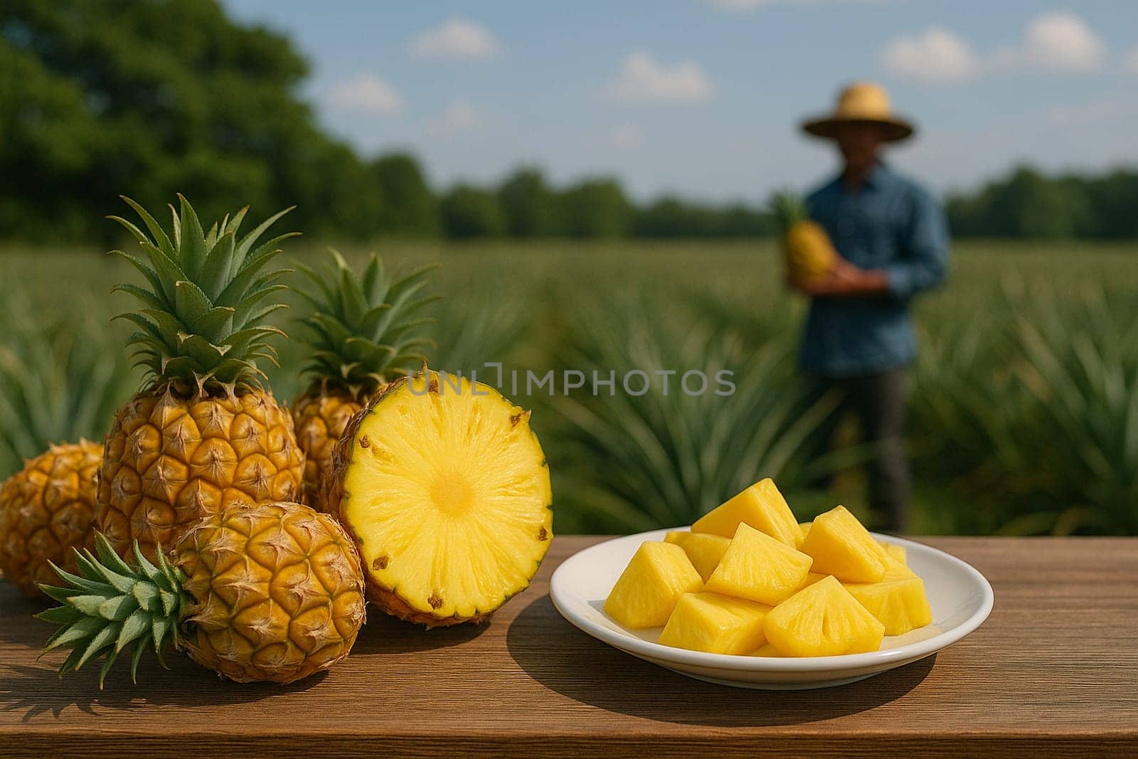 AI generated A rustic wooden table overflowing with fresh pineapples including halved fruits and sliced pieces on white plate Background shows pineapple plantation farmers harvesting farming concepts