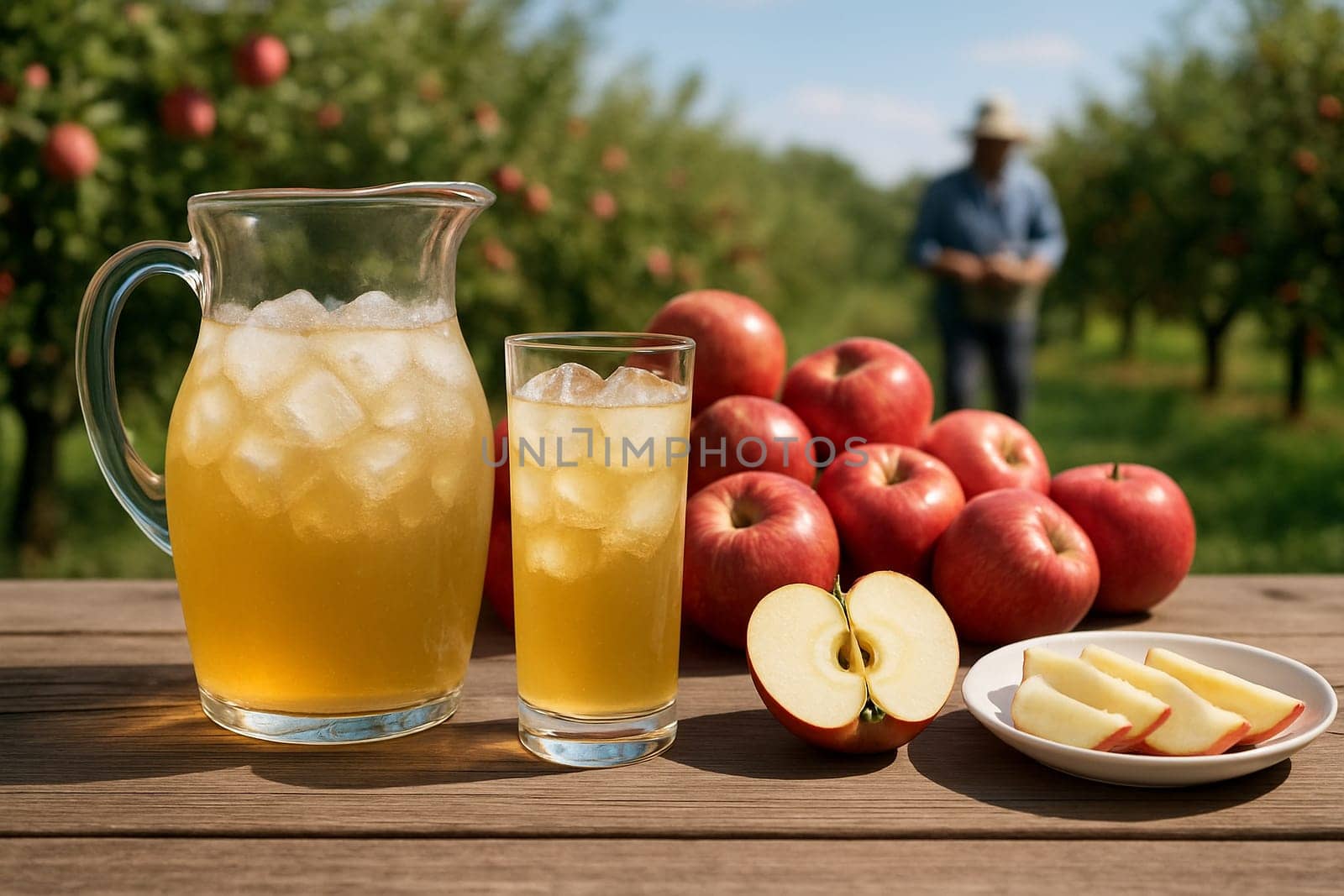 AI generated Chilled apple juice in glass pitcher with fresh apples and slices on rustic wooden table Sunny apple orchard background farmers harvesting Ideal for beverage healthy and farm concepts
