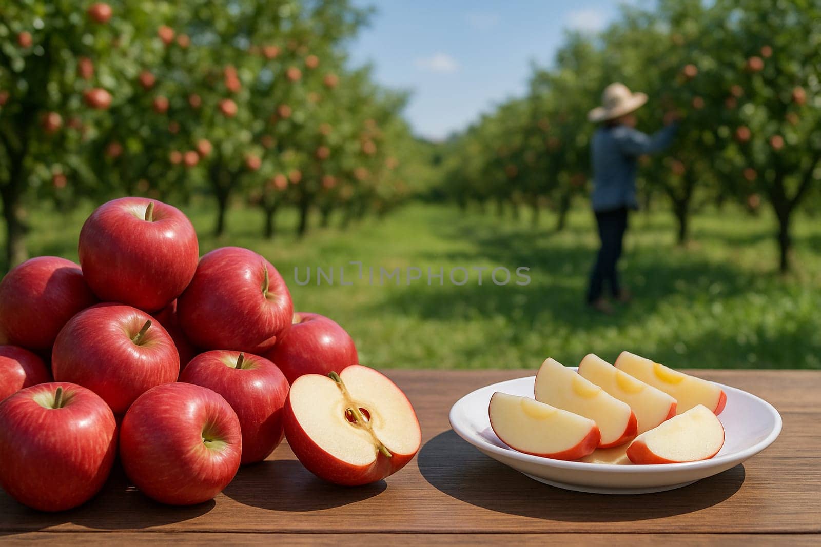 AI generated Crisp red apples piled on rustic wooden table with halved fruits and sliced pieces on white plate Sunny apple orchard background with farmers picking fruit agriculture concepts