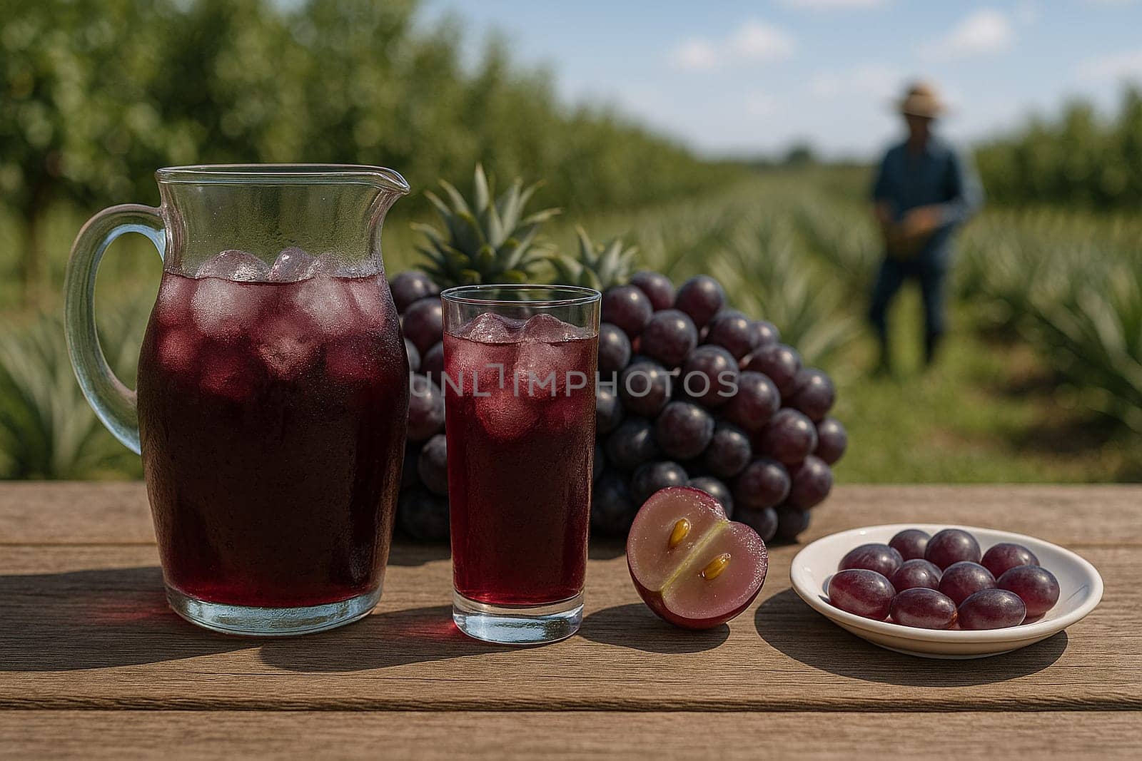 AI generated Chilled grape juice in glass pitcher with fresh grapes and halves on rustic table Sunny vineyard background with farmers harvesting Perfect for healthy drinks wine and agriculture themes