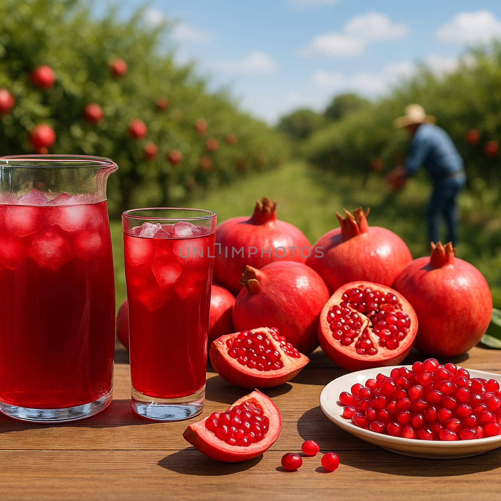 AI generated Chilled pomegranate juice in glass pitcher with fresh fruits and arils on white plate Sunny pomegranate orchard background with farmers harvesting Perfect for antioxidant drinks healthy