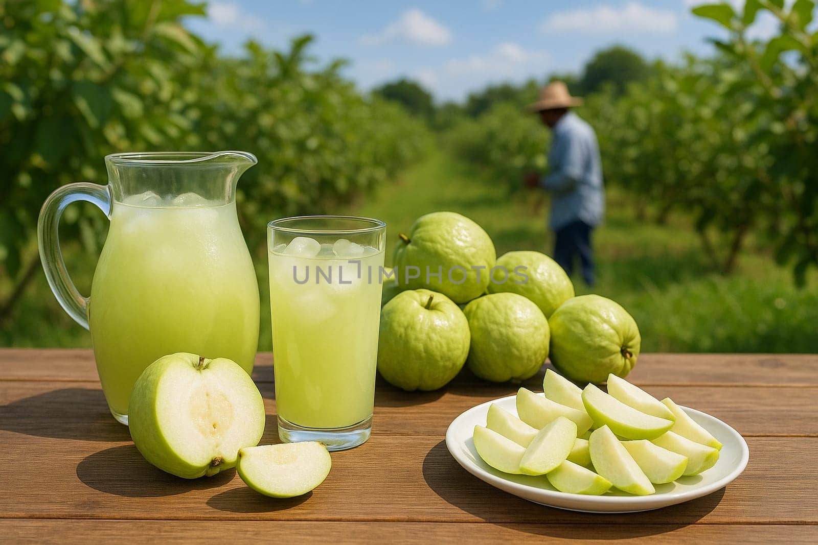AI generated Chilled guava juice in glass pitcher with fresh guavas and slices on rustic table Tropical guava orchard background with farmers harvesting Perfect vitamin C drinks healthy refreshments