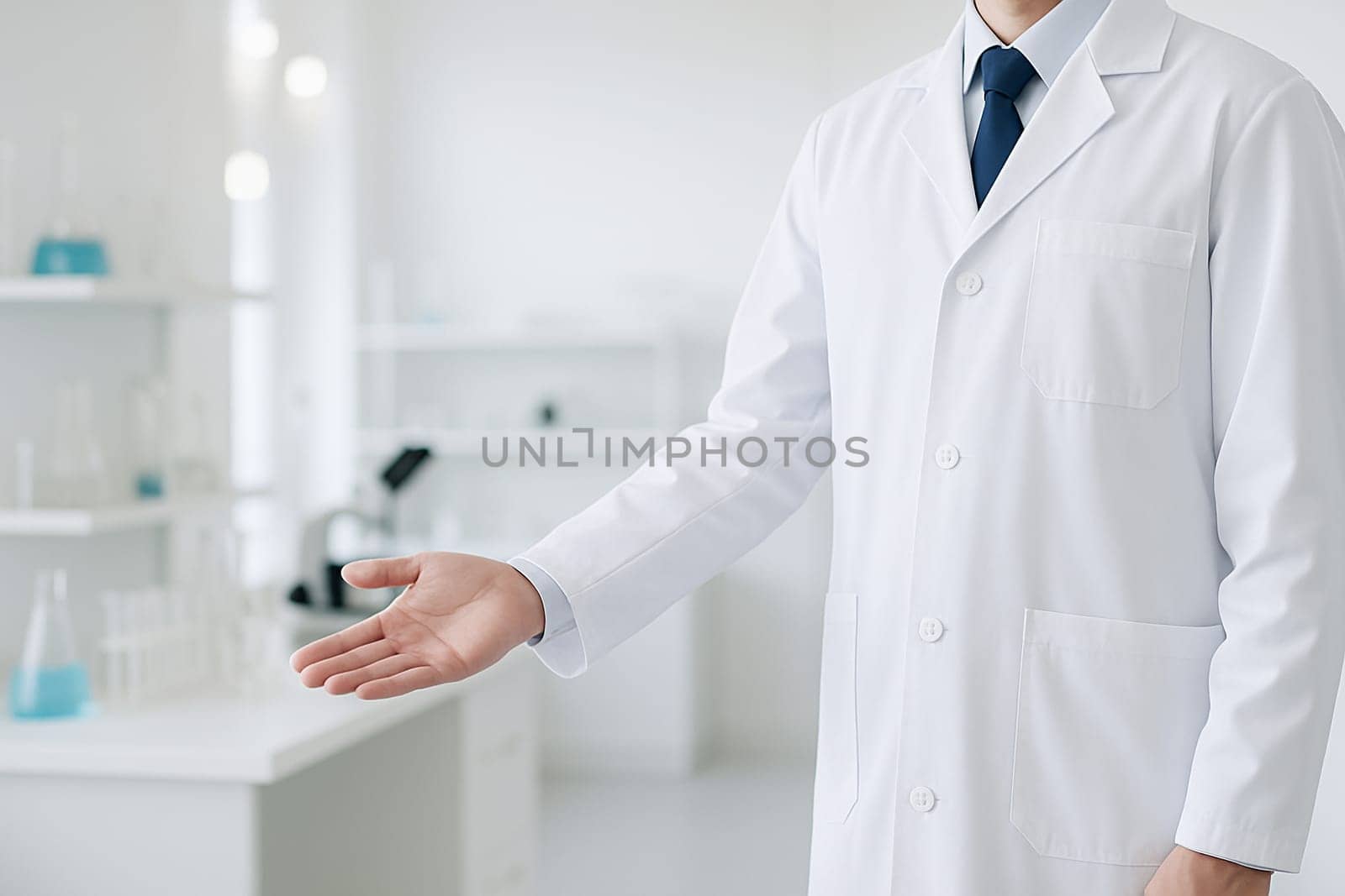 AI generated A confident scientist stands at the edge of the frame gesturing with open hands to invite inside a modern laboratory filled with equipment The scene conveys innovation discovery
