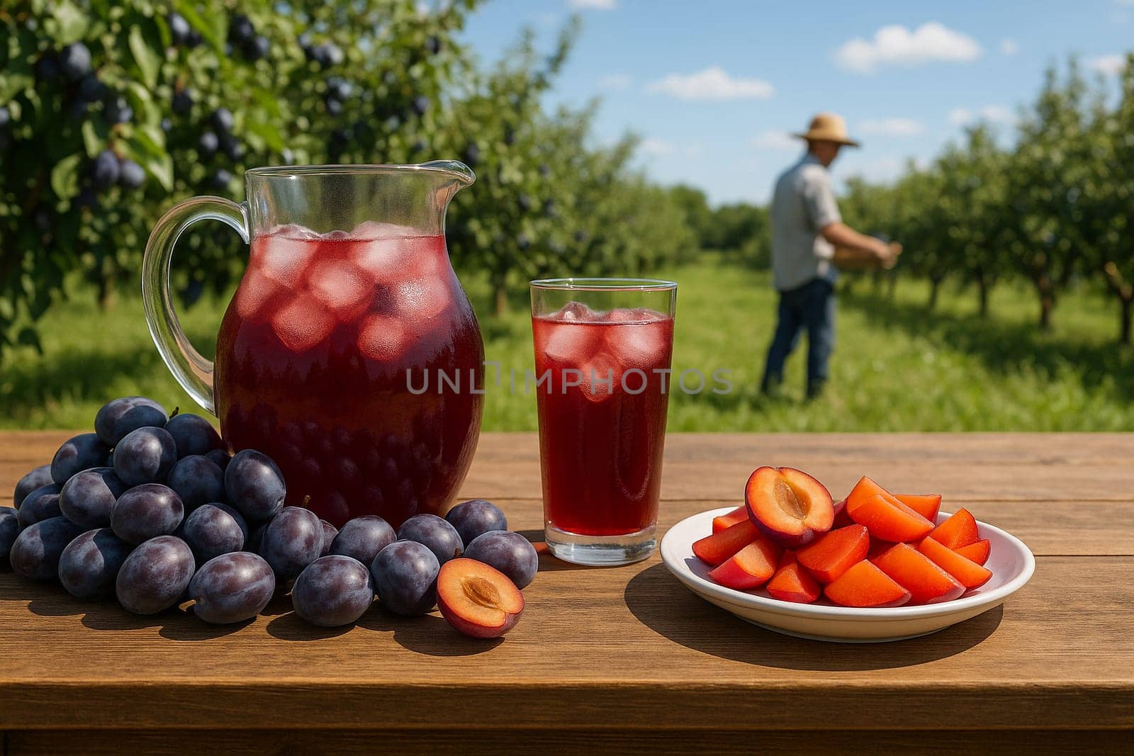 AI generated Chilled plum juice in glass pitcher with fresh plums and halves on rustic table Sunny plum orchard background with farmers harvesting Perfect for healthy drinks and farm concepts