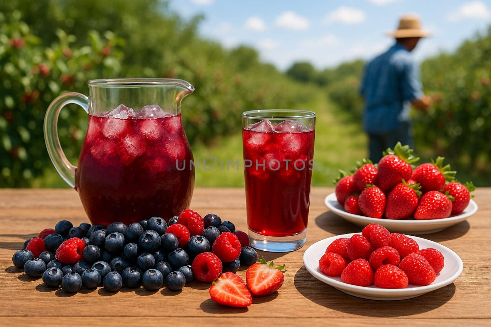 AI generated Chilled mixed berry juice in glass pitcher with fresh berries and halves on rustic table Sunny berry farm background with farmers harvesting Perfect for antioxidant drinks and healthy