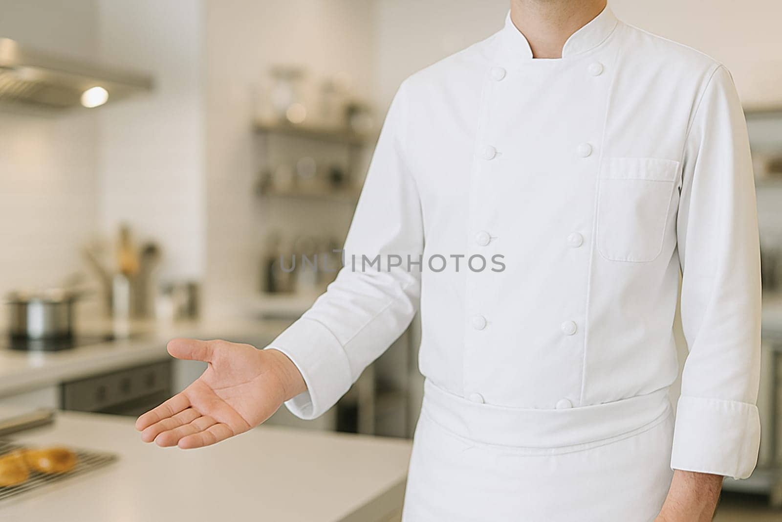 AI generated A professional chef stands at the frame edge gesturing welcomingly toward a well-equipped kitchen The scene conveys culinary expertise hospitality and premium dining
