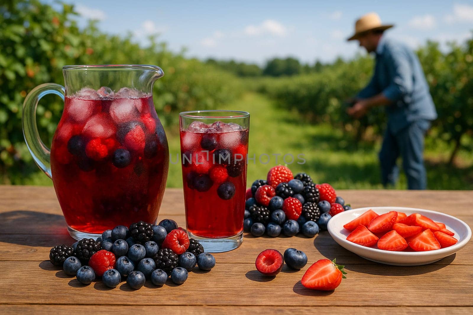 AI generated Chilled mixed berry juice in glass pitcher with fresh berries and halves on rustic table Sunny berry farm background with farmers harvesting Perfect for antioxidant drinks and healthy