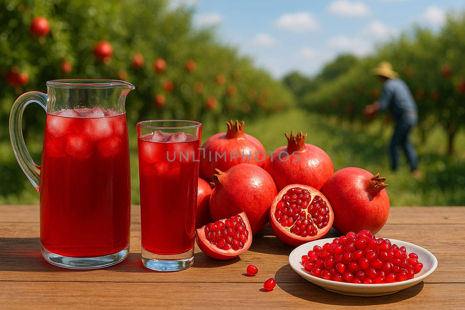 AI generated Chilled pomegranate juice in glass pitcher with fresh fruits and arils on white plate Sunny pomegranate orchard background with farmers harvesting Perfect for antioxidant drinks healthy