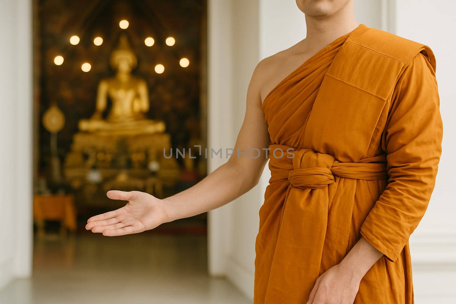 AI generated A serene Thai Buddhist monk stands at the frame edge gesturing invitingly toward a traditional Thai temple interior The scene conveys spirituality peace and Thai culture for religious