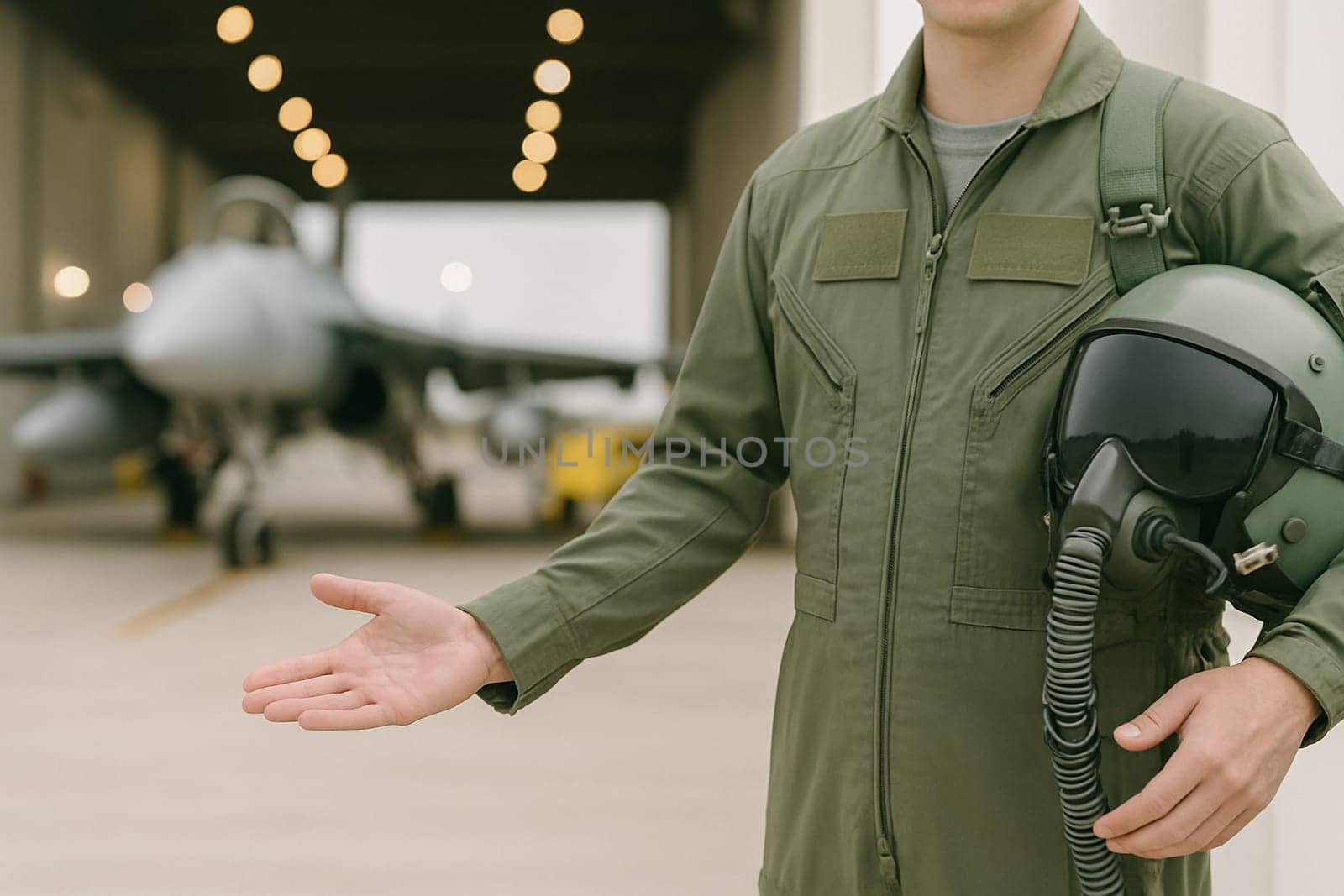 AI generated A confident fighter pilot in full flight gear stands at the frame edge gesturing authoritatively toward an active military airbase The scene conveys aviation power national defense