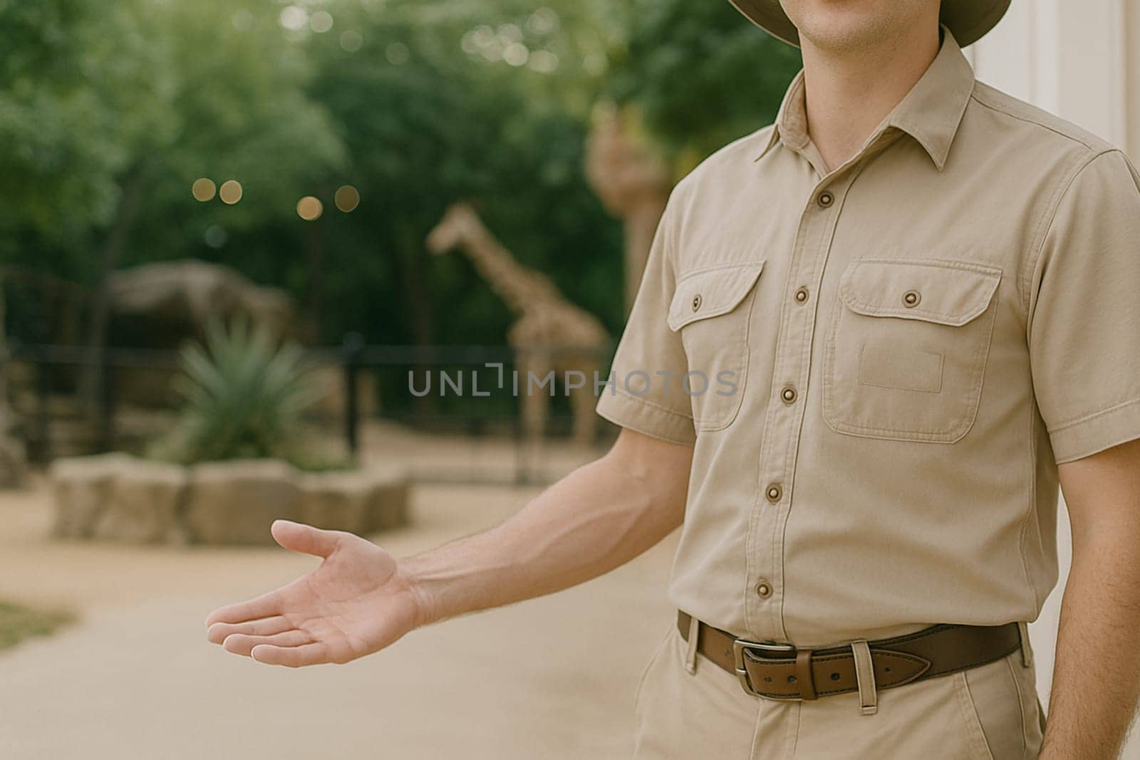 AI generated A friendly zookeeper stands at the frame edge gesturing invitingly toward a vibrant zoo environment The scene conveys wildlife conservation animal care and family fun for educational