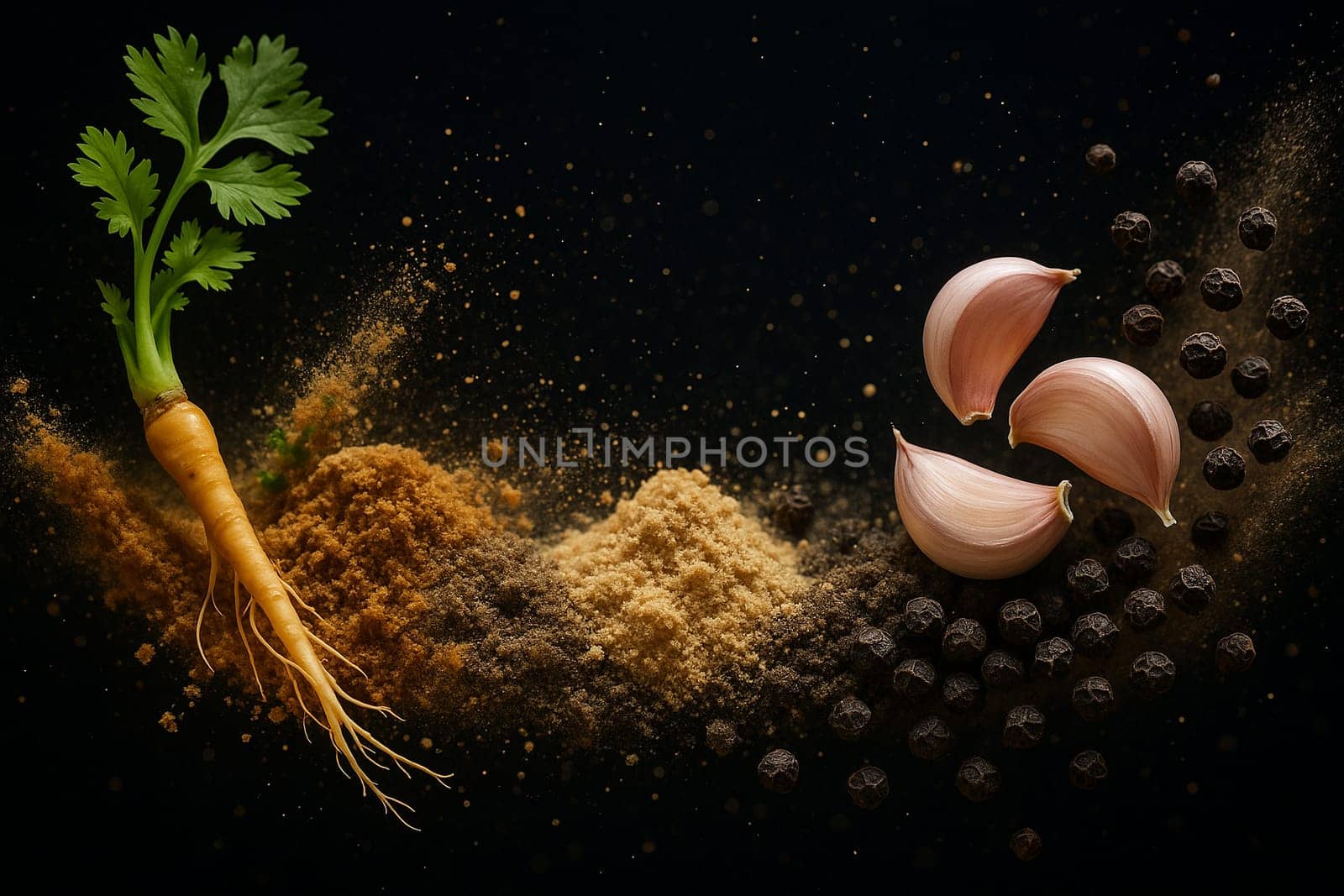 AI generated Coriander root garlic and black pepper explode in both whole and powdered forms from opposite sides of frame colliding dramatically in center against pure black background