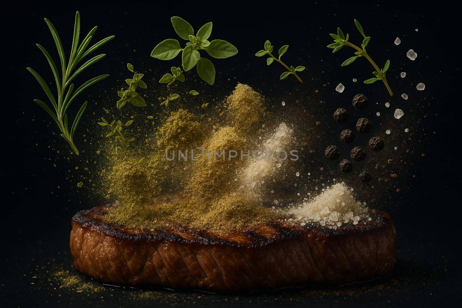 AI generated Rosemary oregano thyme black pepper and salt burst in whole and powdered forms colliding dramatically midair against pure black background Perfect for gourmet cooking meat preparation