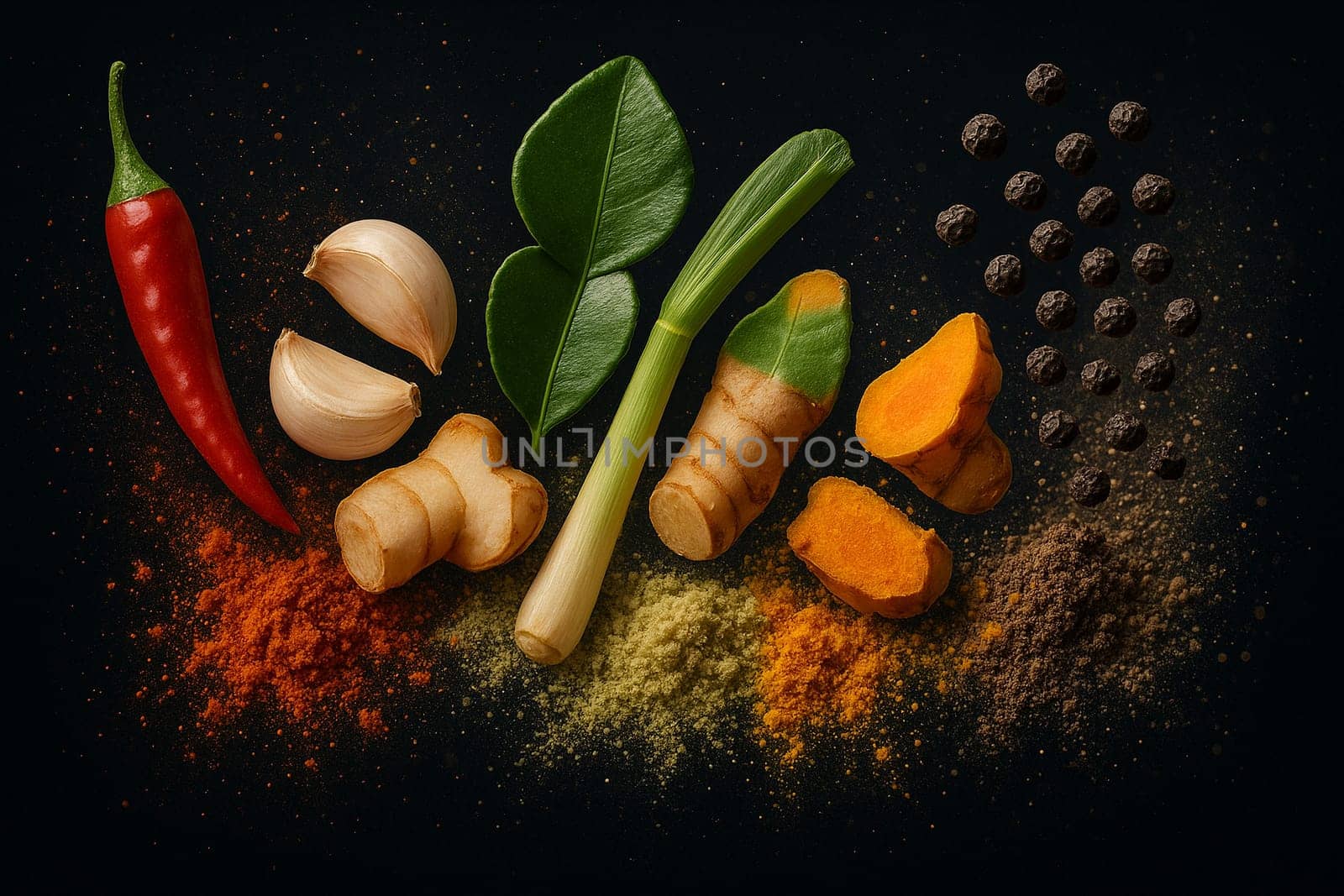 AI generated Red chili garlic galangal lemongrass kaffir lime leaves turmeric and black pepper burst in whole and powdered forms colliding dynamically against pure black background for Thai cooking