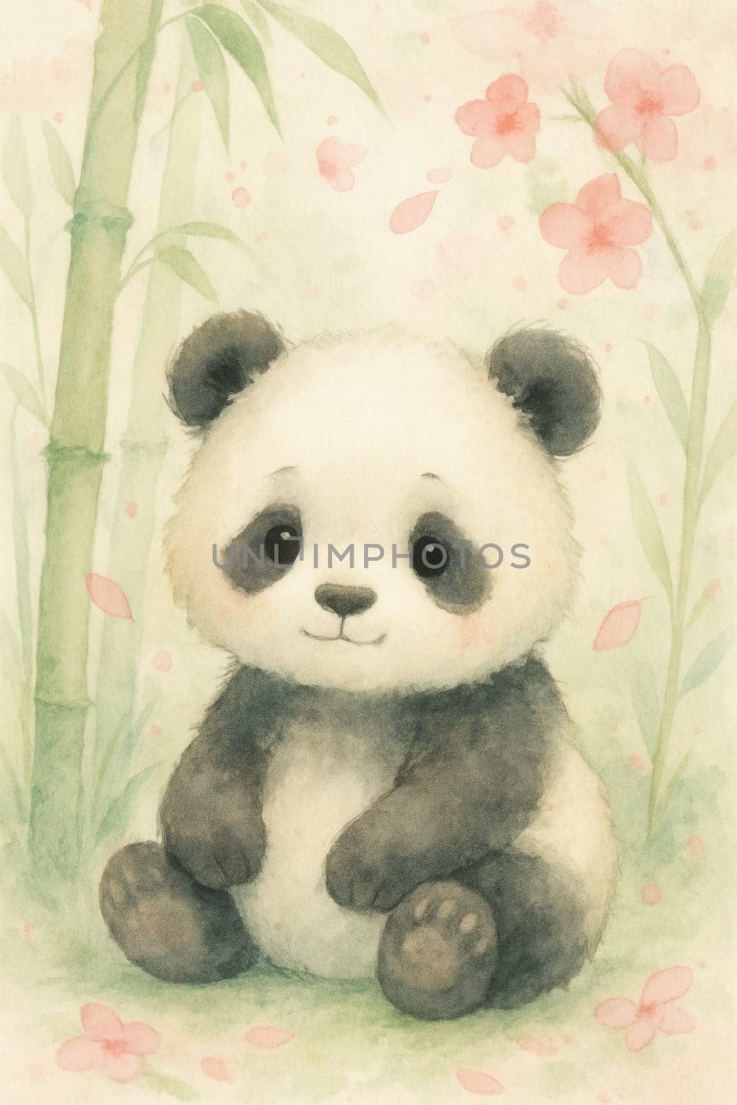 Magical watercolor panda cub surrounded by bamboo and cherry blossoms, soft pastel palette with delicate brush strokes
