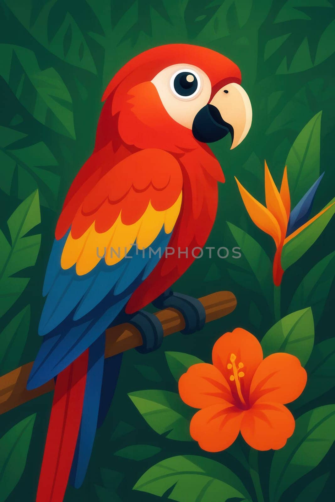 Bright and joyful parrot in tropical jungle