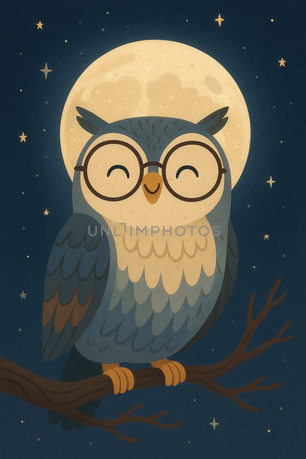 Friendly owl wearing round glasses on moonlit branch, stylized flat illustration with muted colors and geometric patterns
