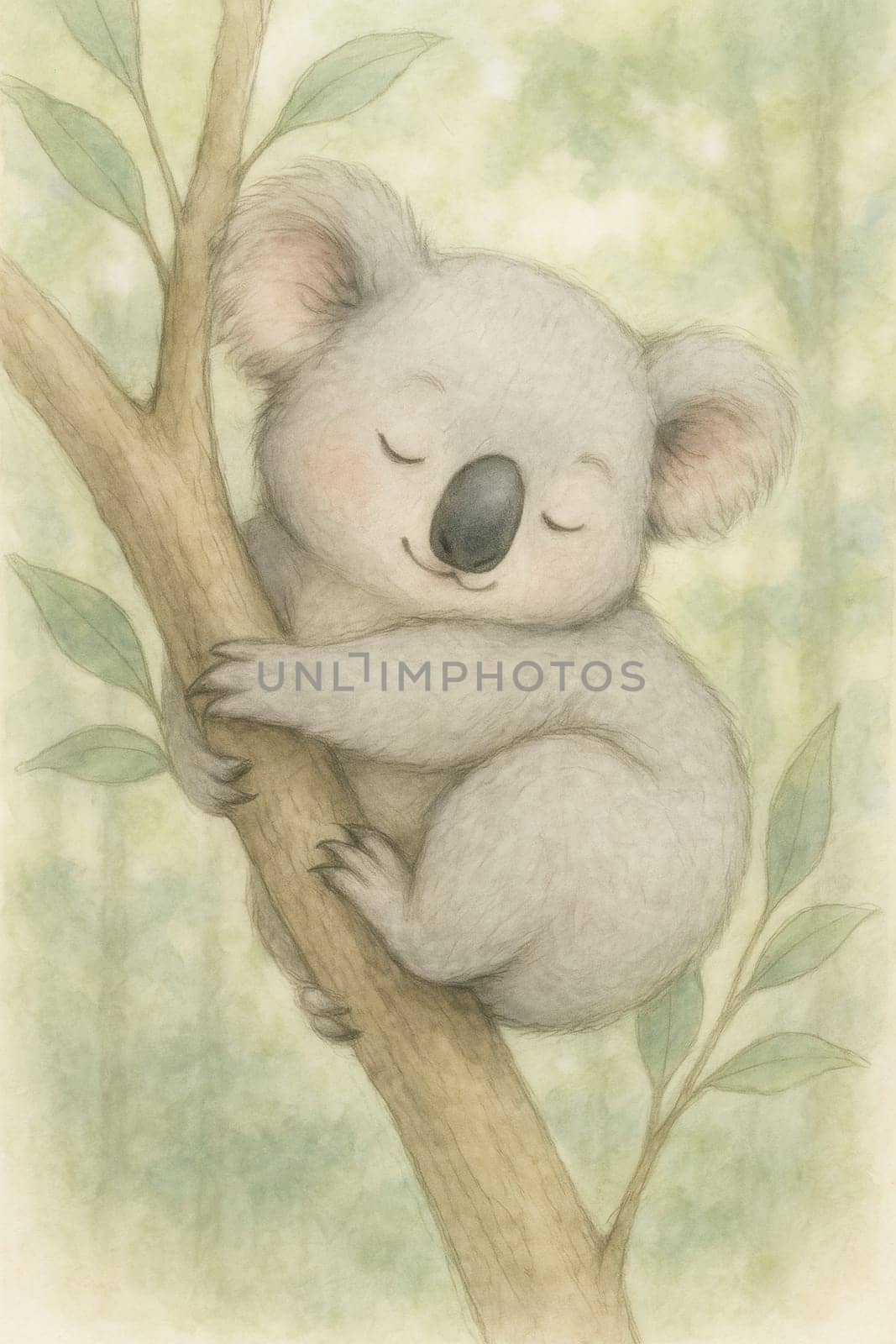 Sleepy koala hugging eucalyptus branch in dreamy pastel forest, soft pencil sketch style with watercolor accents