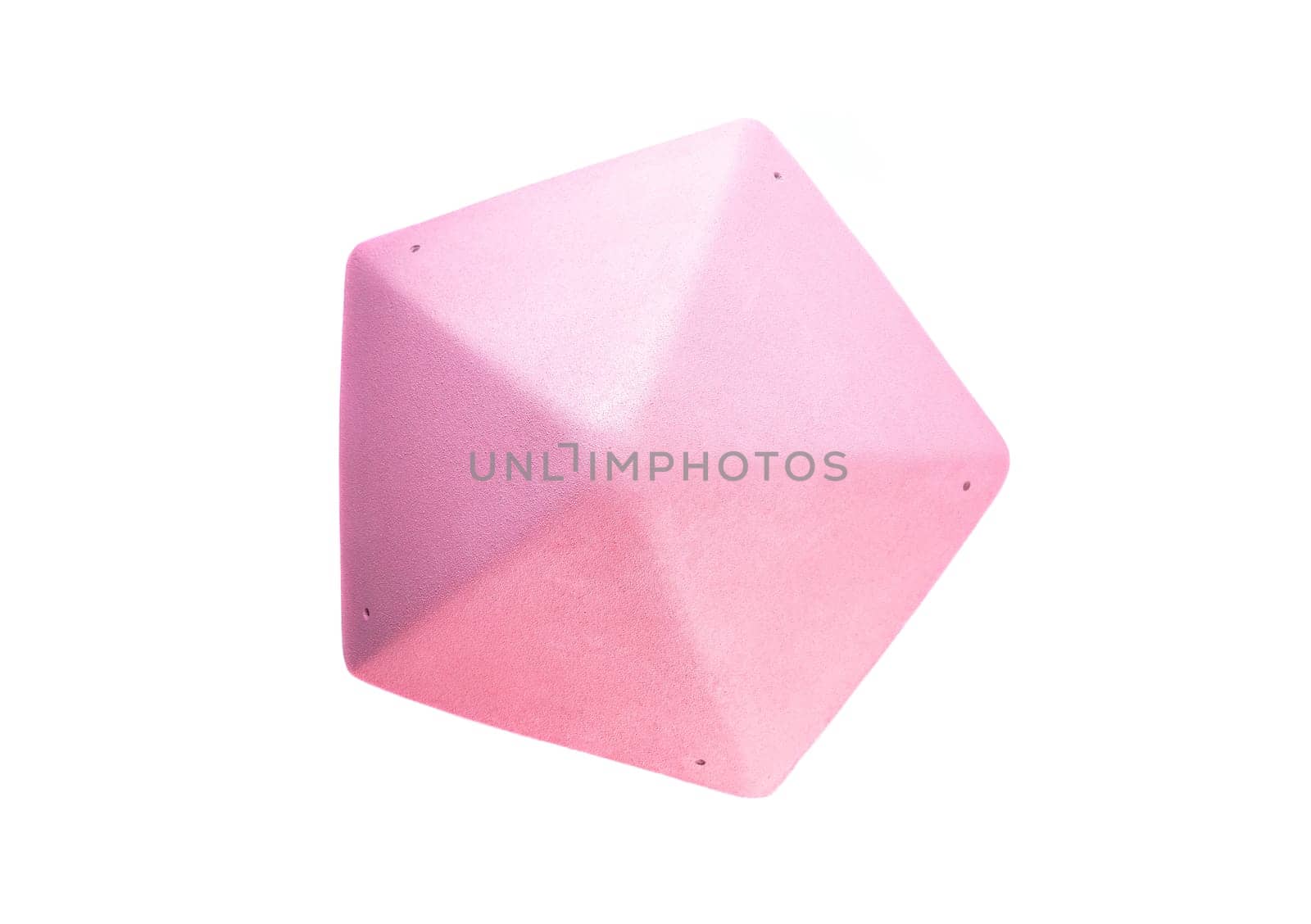 Pink pentagon-shaped climbing hold with rough texture isolated on white background. Used as hand or foot grip for climbing walls. Perfect for catalog or shop.