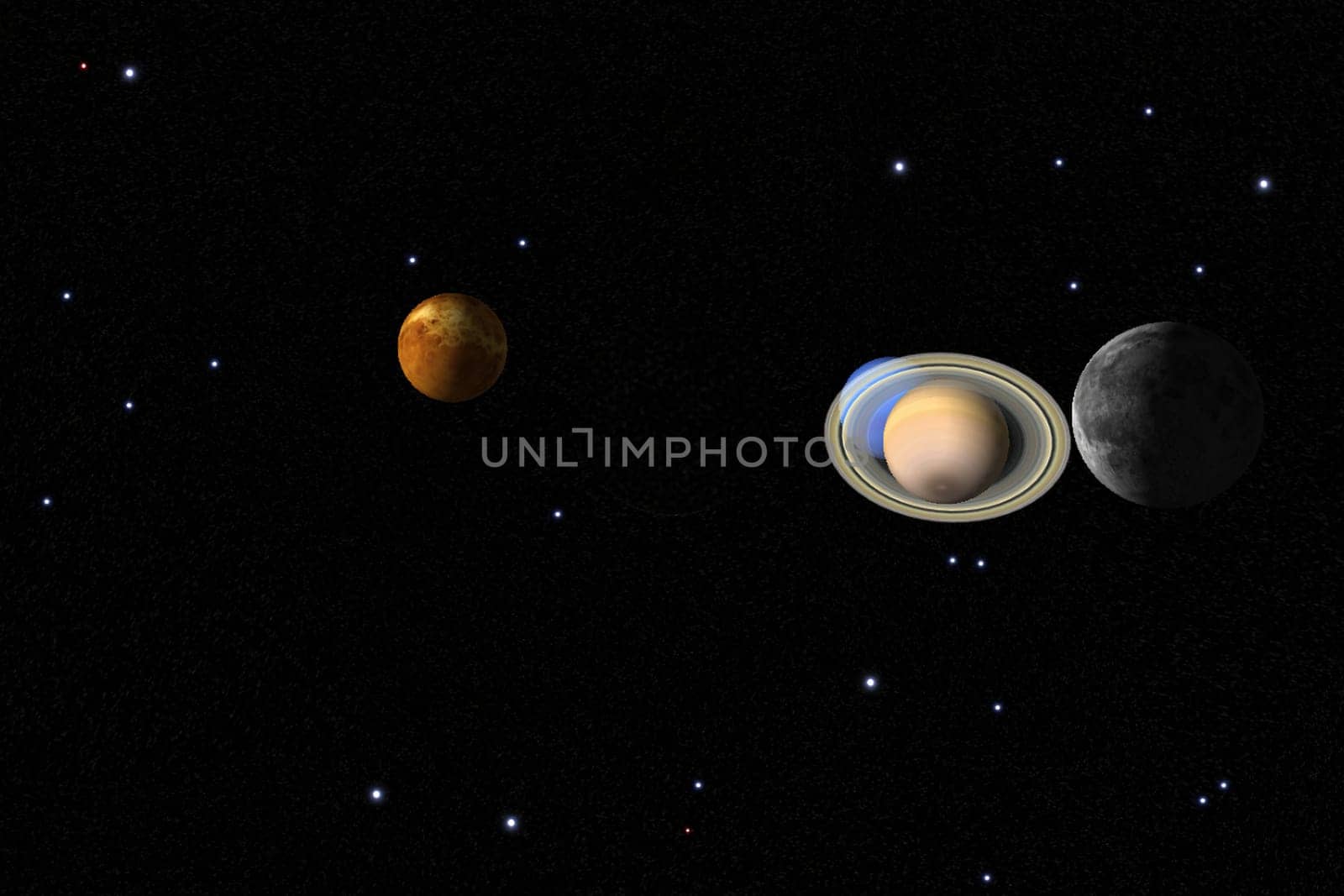 A digitally rendered image of space showcasing a vivid alignment of planets, including a ringed gas giant resembling Saturn, a rocky terrestrial planet, and a dark moon-like body, all set against a star-studded black background. This surreal and imaginative cosmic scene is perfect for themes related to astronomy, science fiction, and the beauty of the universe.