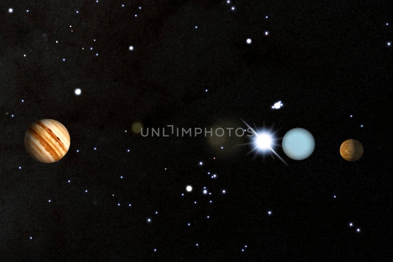 A digitally created image depicting a vivid alignment of planets in deep space, including a gas giant similar to Jupiter and smaller rocky planets, all illuminated by a bright starburst. The dark background filled with stars enhances the cosmic atmosphere, making this scene ideal for use in science, astronomy, or futuristic-themed projects.