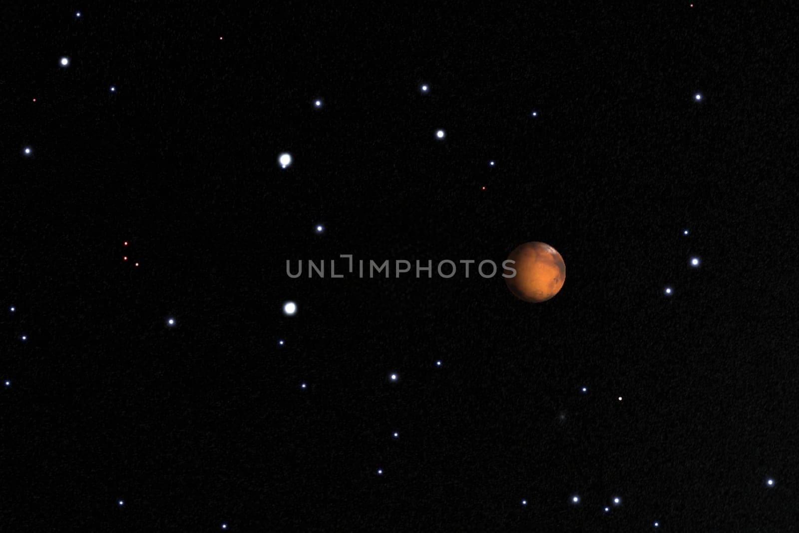 A digitally rendered image of the planet Mars floating in deep space, surrounded by numerous bright stars scattered across a dark cosmic background. The red planet stands out with its distinct surface features, offering a captivating view for use in science fiction, astronomy, or educational contexts.