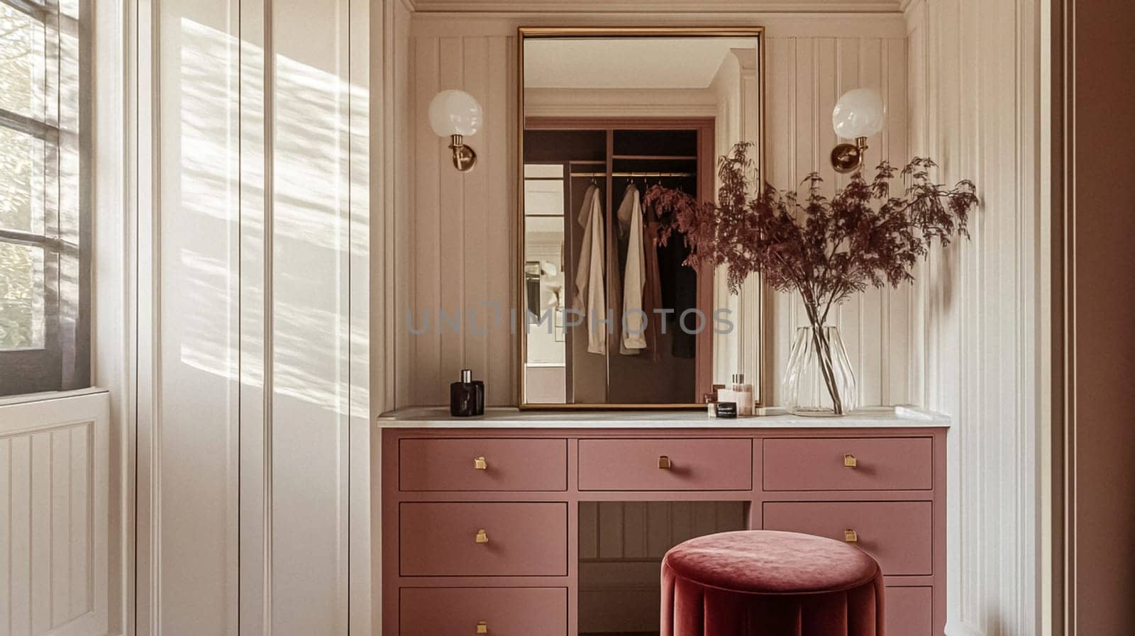 Refined English interiors with soft neutral tones, botanical art, fresh florals, classic panelled walls, and elegant furnishings for a feminine yet timeless home atmosphere