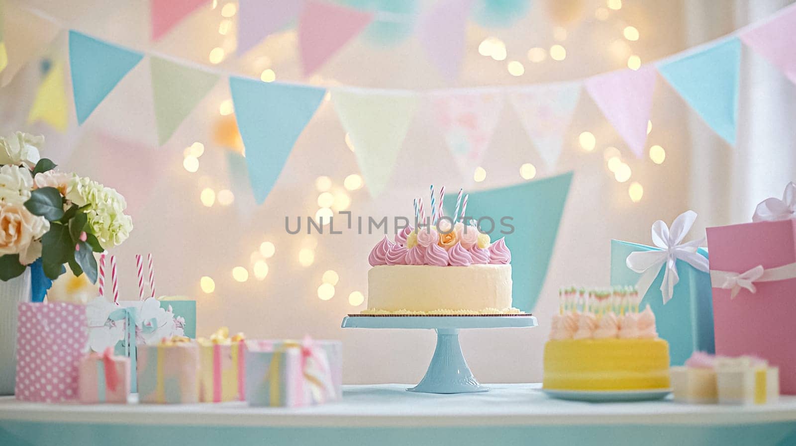 Delightful garden Birthday celebration featuring floral cakes, pastel gift wrap, vintage teaware, and soft bunting, evoking a tender, joyful birthday gathering in an English countryside garden