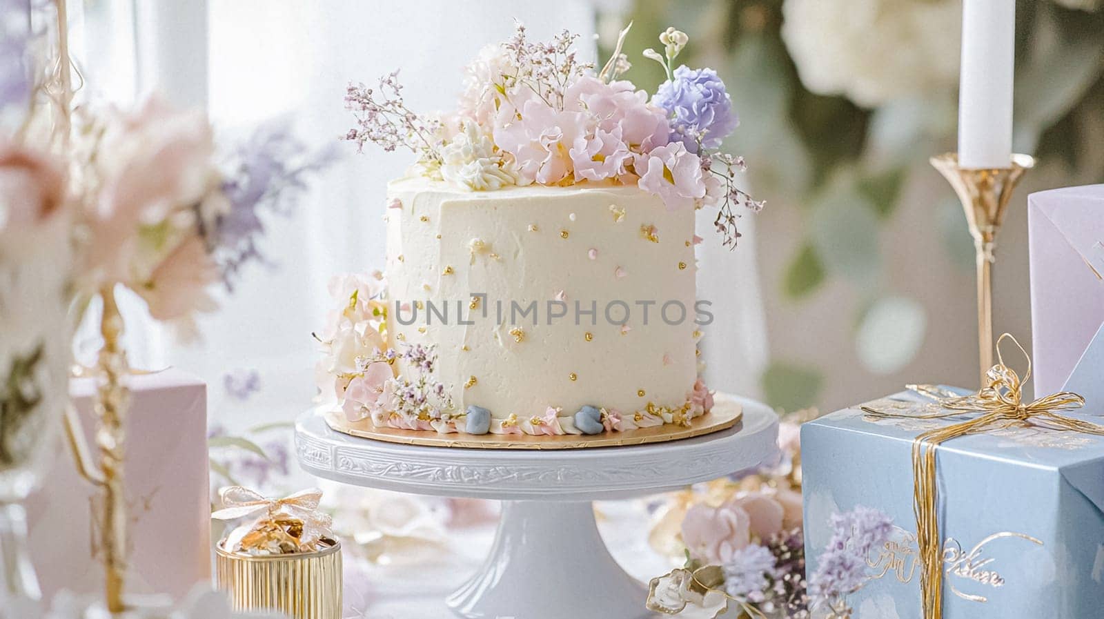 Delightful garden Birthday celebration featuring floral cakes, pastel gift wrap, vintage teaware, and soft bunting, evoking a tender, joyful birthday gathering in an English countryside garden