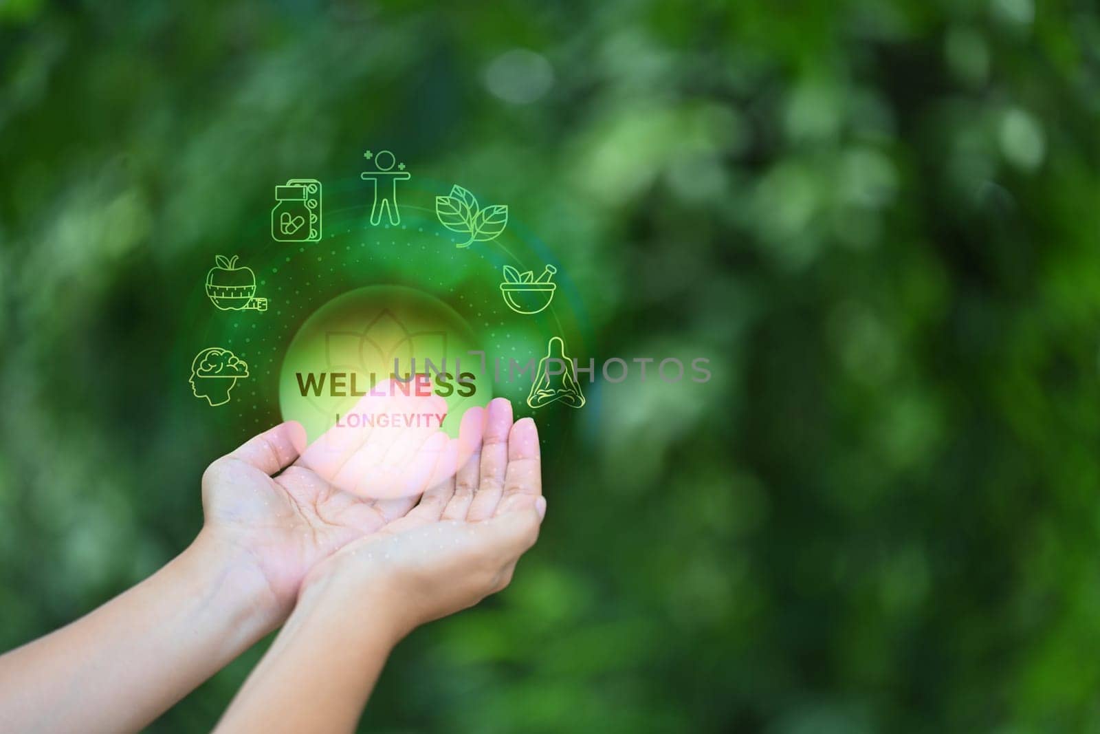 Concept image of digital wellness and longevity, natural living and self care.
